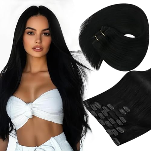 Sunny Hair Clip in Hair Extensions Straight Human Hair Clip in Extensions Remy Clip in Hair Extensions Real Human Hair Extensions Clip ins Jet Black for Women 20inch