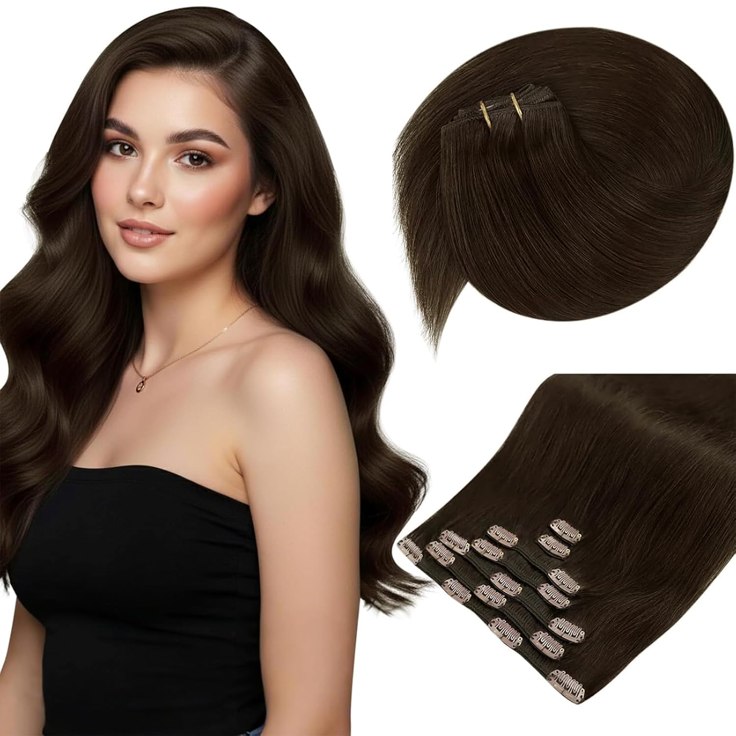Sunny Hair Clip in Hair Extensions Straight Human Hair Clip in Extensions Remy Clip in Hair Extensions Real Human Hair Extensions Clip ins Brown Mix 16inch