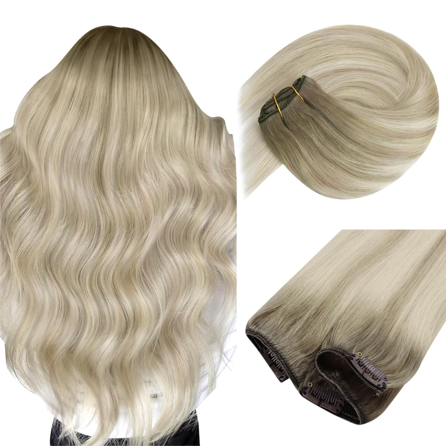 Sunny Clip in Hair Extensions Human Hair Ash Blonde Ombre Sunkissed Blonde Human Hair Clip in Extensions Invisible Clip in Real Human Hair Extensions Ombre Blonde 5Pcs 70g 12inch