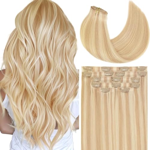 Loxxy Seamless Clip in Hair Extensions Human Hair 20inch Seamless Hair Extensions Clip in P#12/60A Long Straight Clip in Hair Extensions Seamless Light Golden Brown Mixed With Platinum 110g 7pcs