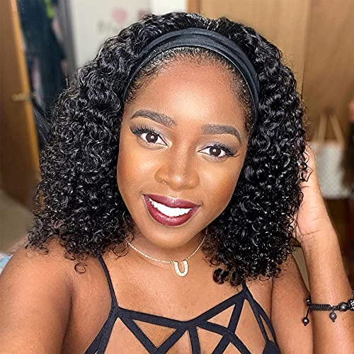 XSY Headband Wig Human Hair Deep Wave Headband Wigs for Black Women None Lace Front Wigs Virgin Curly Human Hair Wigs 150% Density (12 Inch, Natural Color)