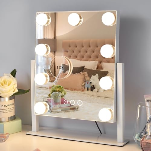Vanity Mirror with Lights,Lighted Vanity Mirror with 9 Dimmable Bulbs for Dressing Room & Bedroom,3 Color Lighting,Modes Detachable 10x Magnification 360Ratation(White)