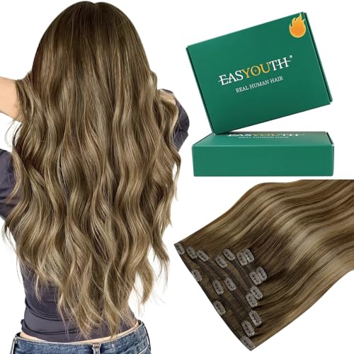 Easyouth Clip in Hair Extensions Balayage Thick Human Hair Clip in Extensions Dark Brown Fading to Caramel Blonde Mix Brown Clips in Extensions Real Human Hair Ease of Use 20 Inch 7Pcs 120G