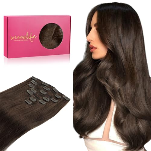 WENNALIFE Clip in Hair Extensions Real Human Hair, 18 Inch 120g 7pcs Human Hair Extensions Clip In Human Hair, Chocolate Brown Hair Extensions Clip In Real Hair Coloured Remy Human Hair Extensions