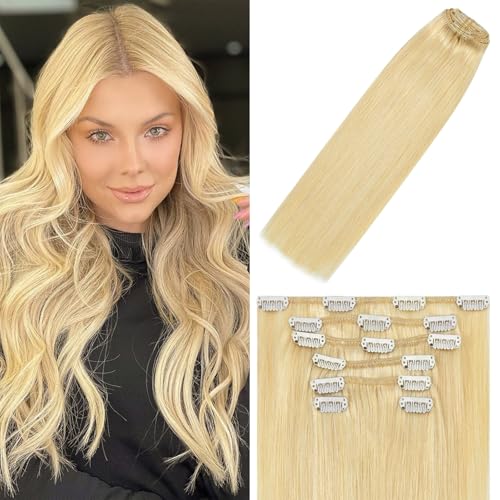 WindTouch Clip in Hair Extensions #613 Bleached Blonde Hair Extensions For Women 15Inch 75g Human Hair Straight 7PCS