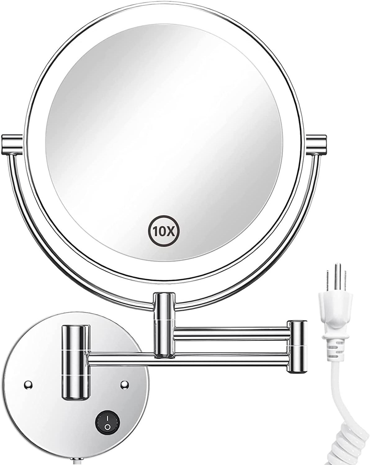 Gospire 8.5" Wall Mounted Lighted Magnifying Mirror, 1X/10X Double-Sided Magnification Round LED Cosmetic Vanity Bathroom Mirror Extendable Arm 360 Swivel for Shaving Makeup