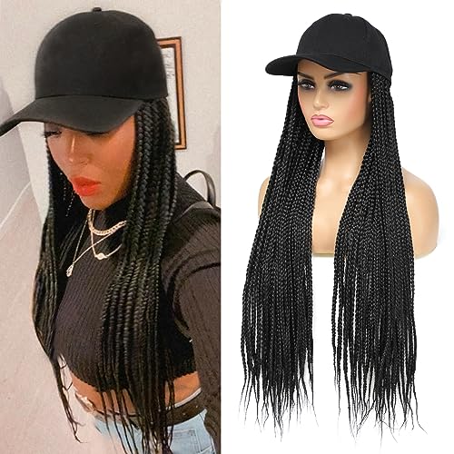 Braided Baseball Cap Wig Box Braid Hair Extensions with Hat Black Color black Cap Wig with 24inch Long Synthetic Braiding Hair for Women (B-Black)