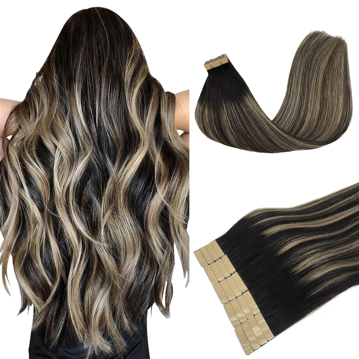 DOORES Human Hair Extensions Tape in Balayage Natural Black to Light Blonde 22 Inch 50g 20pcs Tape in Hair Extensions Remy Hair Extensions Straight