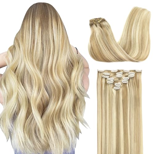 GOO GOO Clip in Hair Extensions Real Human Hair, Remy Human Hair Extensions Clip ins for Women, Natural Human Hair, 20inch 120g 7Pcs, 18A/613A Dark Blonde Highlighted Bleach Blonde