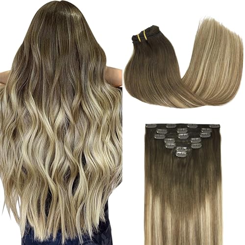 GOO GOO Clip in Hair Extensions Real Human Hair, Remy Human Hair Extensions Clip ins for Women, Natural Human Hair, 16inch 120g 7Pcs, 3/8/613 Balayage Walnut Brown to Ash Brown and Bleach Blonde