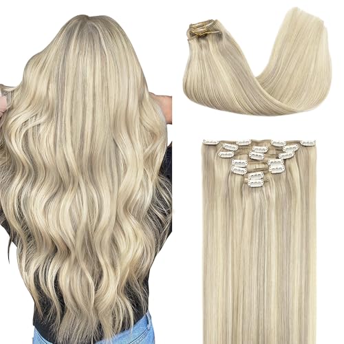 GOO GOO Clip in Hair Extensions Real Human Hair, Remy Human Hair Extensions Clip ins for Women, Natural Human Hair, 20inch 120g 7Pcs, 17A/60A Ash Blonde Highlighted Platinum Blonde