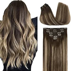 GOO GOO Remy Hair Extensions Clip in Human Hair, Balayage Chocolate Brown to Honey Blonde 22 Inch 120g 7pcs Real Hair Extensions Clip in Straight Thick Natural Hair Extensions