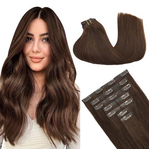 GOO GOO Clip in Hair Extensions Real Human Hair, Remy Human Hair Extensions Clip ins for Women, Natural Human Hair, 18inch 130g 7Pcs, 4A Chocolate Brown