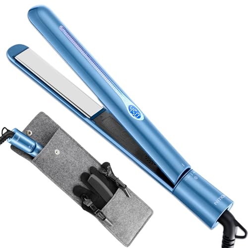 NITION Nano Titanium Hair Straightener 1" Heating Plate Smooth Straightening Flat Iron for Hair. LCD 265-450F Adjustable for All Hair Type. Travel Pouch Bag Included. MCH Fast Heating Up. Blue