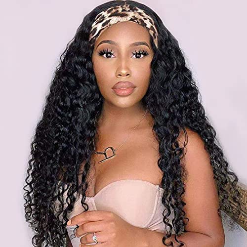 Headband Wig Human Hair Brazilian Deep Wave Headband Human Hair Wigs for Black Women 28 inch Glueless Non Lace Front Wig Machine Made Curly Headband Wig Deep Wave 150% Density Natural Color