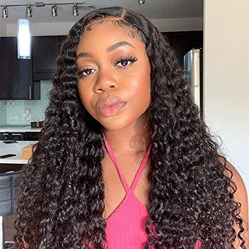 Water Wave Lace Front Wigs Human Hair Brazilian 180% Density Virgin Hair 4X4 Deep Curly Lace Closure Wigs for Black Women Pre Plucked with Baby Hair Natural Color (30 Inch,Water Lace Closure Wigs)