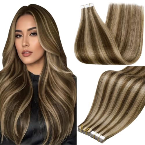 Full Shine Tape in Extensions Human Hair Medium Brown Highlighted Honey Blonde Tape ins Human Hair 14 Inch Real Human Hair Extensions Tape ins 50 Gram 20 Pcs Seamless Skin Weft Hair Extensions 4P27
