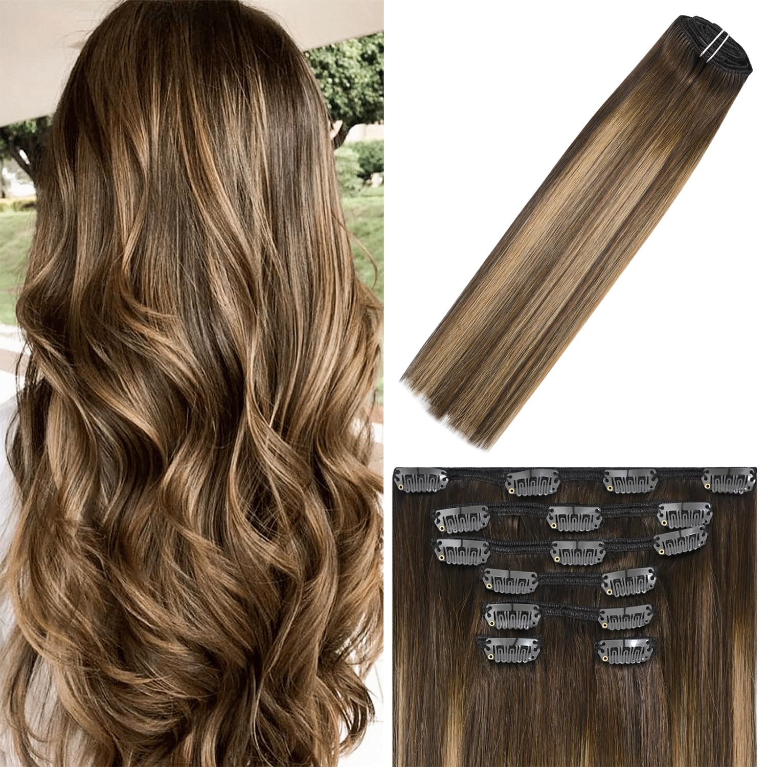 WindTouch Clip in Hair Extensions Remy Hair Chocolate Brown To Dark Blonde Ombre 20Inch 75g Human Clip Ins #4T27P4 7PCS