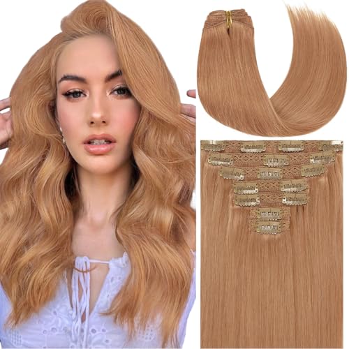 Caliee Hair Extensions Clip in Human Hair Auburn Brown Double Weft Thick Ends Seamless Hair Extensions Clip in Human Hair 18 Inch with 16 Clips 120 G Soft