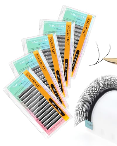 NAGARAKU 5 Trays yy Eyelash Extensions y lash 0.07mm C curl 11/12/13/14/15mm in 1 pack Premade 4D Easy Fan Russian Volume Cluster Faux Mink Matte Black 12 rows