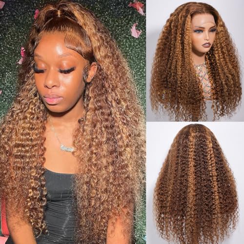 CYNOSURE 13x5 Highlight Ombre Lace Front Wig Human Hair 427 Colored Honey Blonde Deep Wave Curly Wig 180% Density HD Transparent Lace Frontal Wigs Human Hair 22 Inch