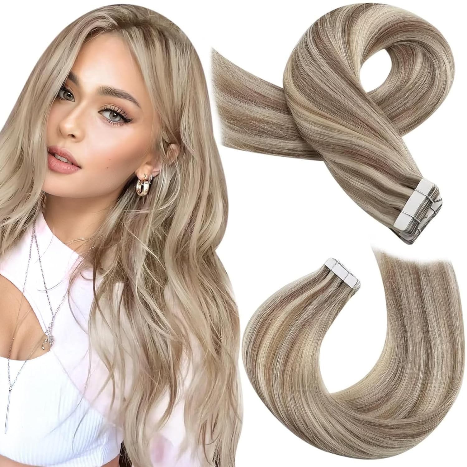 Moresoo Highlighted Tape in Hair Extensions Human Hair Blonde Tape in Extensions Light Brown Highlighted with Blonde Human Hair Extensions Tape in Real Hair 24 Inch #P9A/60 20pcs 50g