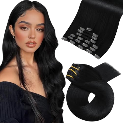 Moresoo Jet Black Clip in Hair Extensions Human Hair 20 inch Remy Straight Double Weft Clip in Human Hair Extensions for Women Jet Black #1 Full Head 7Pcs 120G