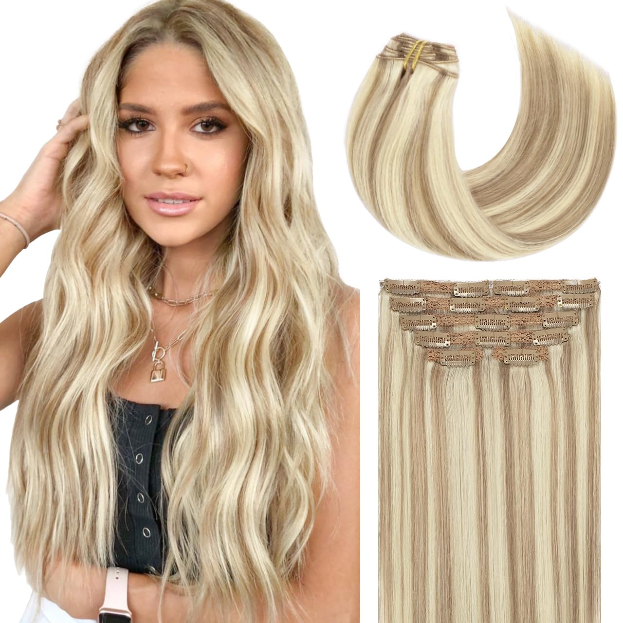 Lacer Hair Clip In Hair Extensions Real Human Hair Light Brown Highlighted Platinum Blonde Color Thick Silky Straight Remy Hair Clip In Extensions 7 Pieces 120 Gram 14 Inch