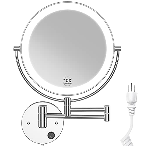Benbilry 9" Large Size Wall Mounted Lighted Makeup Vanity Mirror, 1X/10X Magnifying 2-Sided AC Plug-in Powered Bathroom Mirror, 360 Swivel 13 Inch Extendable Arm, Chrome