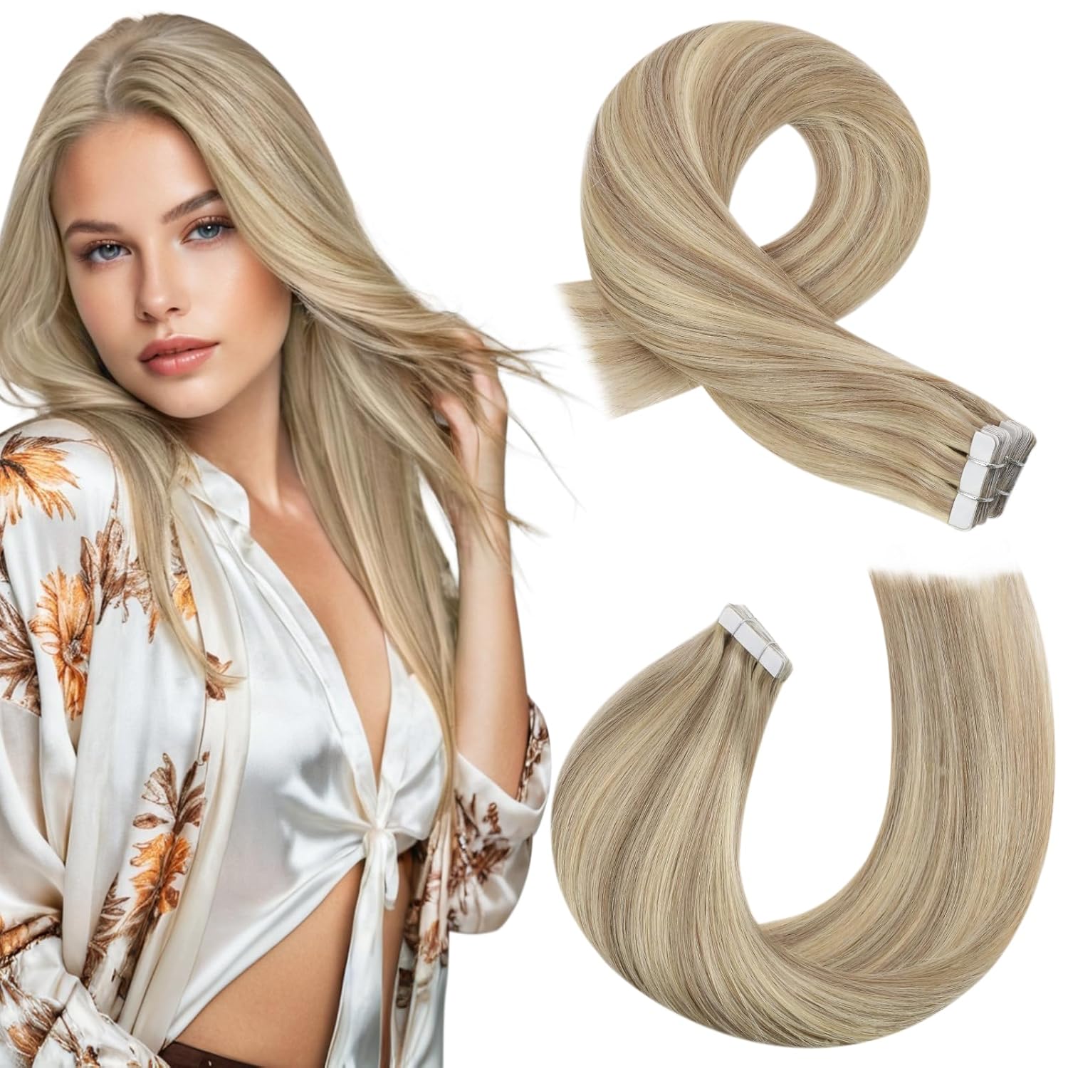 Moresoo Tape in Hair Extensions Human Hair Honey Blonde Highlighted Medium Blonde Tape in Extensions Real Human Hair Invisible Hair Extensions Tape in 20 Inch #P16/22 20pcs 50g