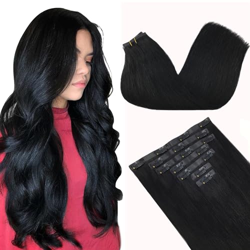 GOO GOO Clip in Hair Extensions Real Human Hair, Remy Human Hair Extensions Clip ins for Women, Natural Human Hair, 18inch 130g 7Pcs, 1 Jet black