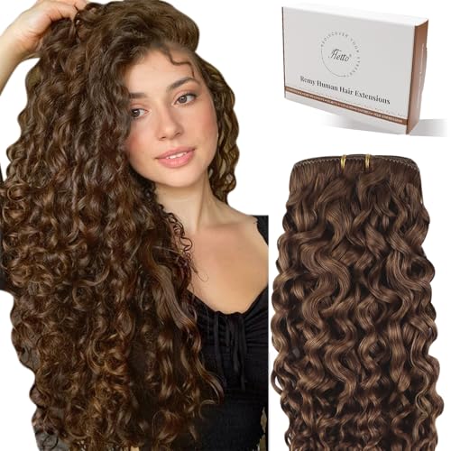 Hetto Curly Clip in Hair Extension Real Human Hair 120g 7pcs Curly Hair Extensions Light Brown Curls Clip on Extensions 14in #4 Golden Brown