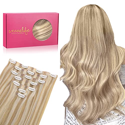 WENNALIFE Seamless Clip In Hair Extensions, 14 Inch 130g 7pcs Dirty Blonde Highlighted Bleach Blonde Hair Extensions Clip in Human Hair Invisible PU Skin Weft Natural Remy Human Hair Extensions