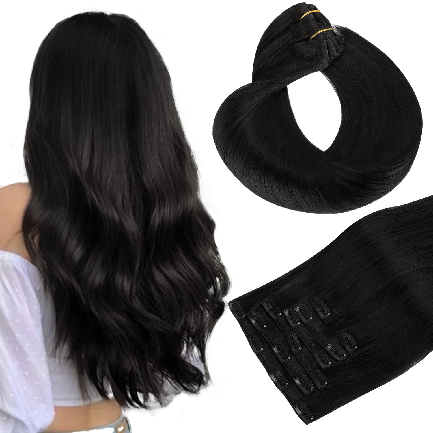 HOTBANANA Human Hair Clip in Hair Extensions, Jet Black 120g Clip in Hair Extensions Real Human Hair Straight Remy Hair 20 Inch 7pcs