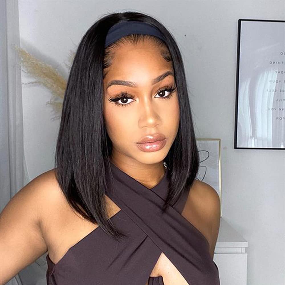 AISI Bob Headband Wig Human Hair Straight Headband Wigs For Black Women Short Straight Bob Human Hair Wigs None Front Lace Brazilian Virgin Machine Made Easy Wear Headband Wig(14Inch)