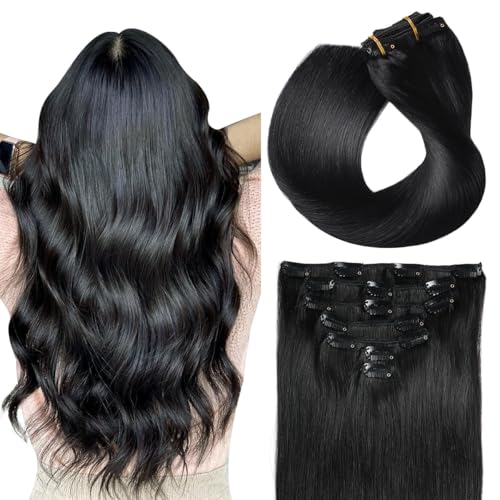 SUYYA Clip in Hair Extensions Real Human Hair,Jet Black Clip in Hair Extensions Human Hair Straight Hair Extensions Clip ins Double Weft Human Hair Clip ins 7pcs 120g(22 inches #1 Jet black)
