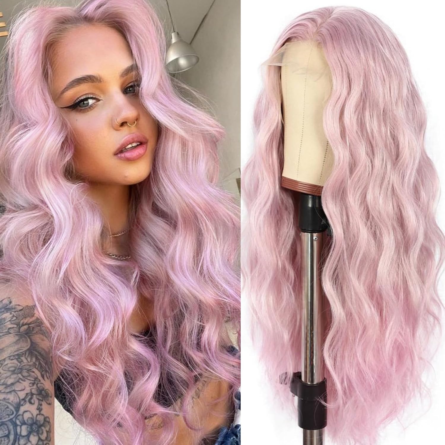 SAPPHIREWIGS 134 Synthetic Lace Front Wig Body Wave Heat Fiber Hair Lavender Color with Pink Tips Long Wavy Wigs for Women Half Hand Tied Made Halloween Cosplay Daily Uses 24 Inch