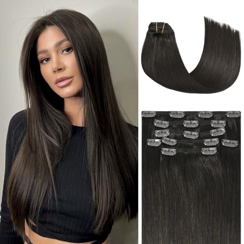 Honsoo Dark Brown Clip in Human Hair Extensions 70g 7pcs 15Inch Real Human Soft Thick Human Hair Extensios No Shedding For Full Head Real Hair