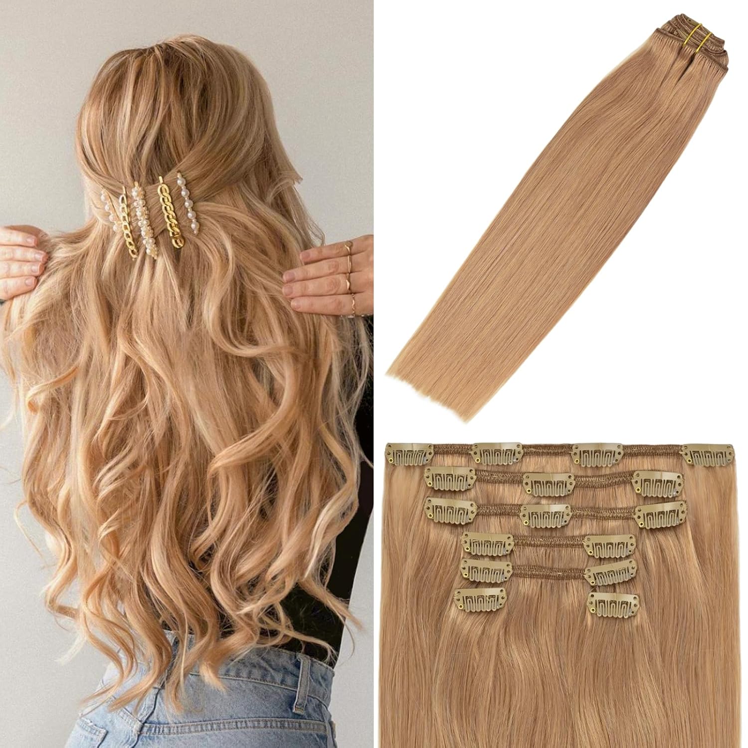 WindTouch Clip in Hair Extensions Human Hair Reddish Blonde 75g #12 22Inch Hair Extensions for women 7PCS
