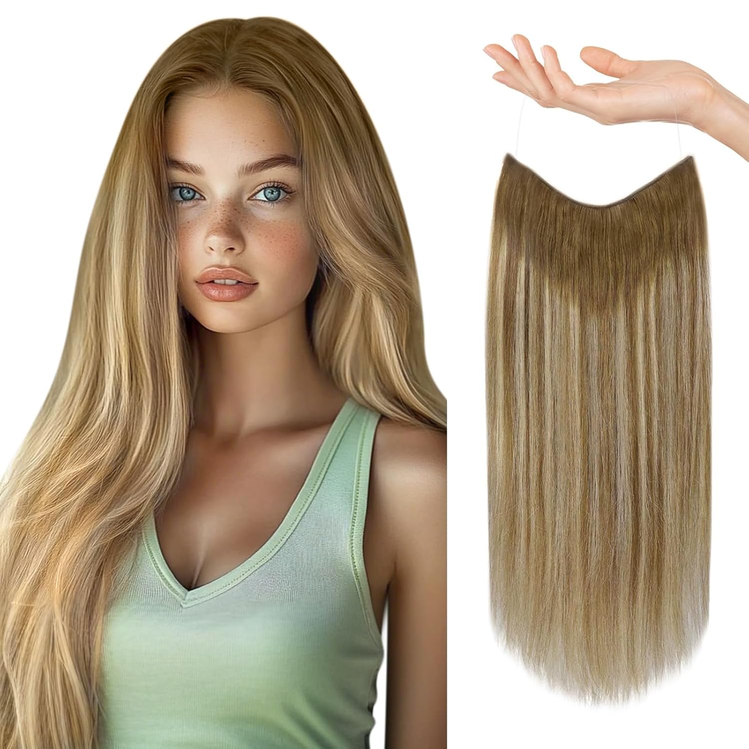 Sunny Wire Hair Extensions Real Human Hair Fish Line Human Hair Extensions Invisible Wire Extensions Light Brown to Platinum Blonde with Brown Highlights #6/60/6 12 Inch