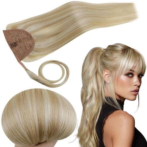RUNATURE Ponytail Extension Human Hair Blonde 12 Inch 70g Short Real Hair Ponytail Extension Ash Blonde Highlight Bleach Blonde Human Hair Ponytail Straight Wrap Clip in Pony Tails Extension
