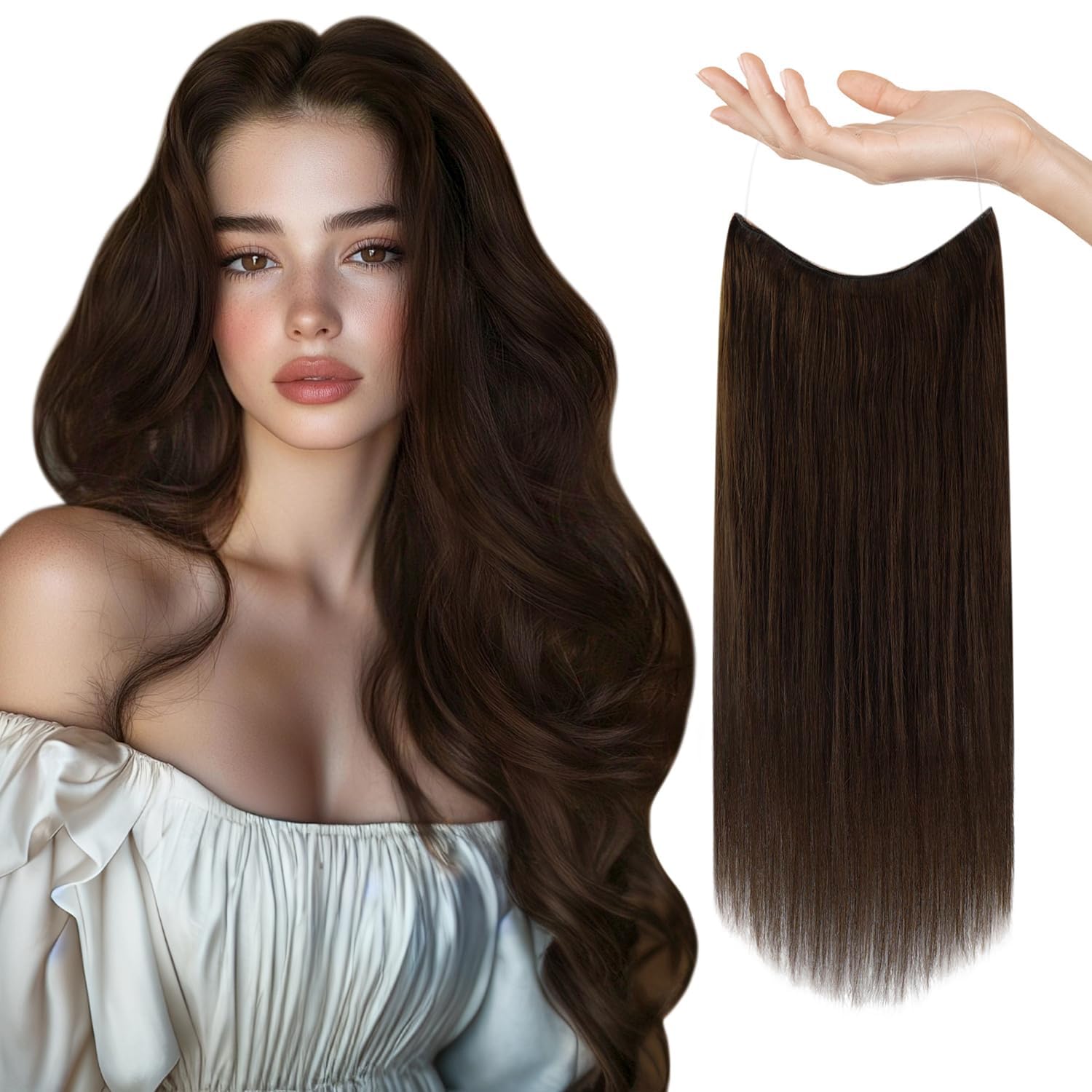 Sunny Wire Hair Extensions Real Human Hair Fish Line Human Hair Extensions Invisible Wire Extensions Chocolate Brown #4 12 Inch
