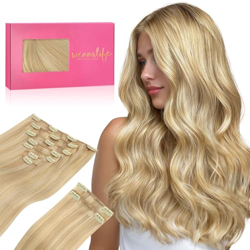 WENNALIFE Clip in Hair Extensions, 150g 14 Inch 9pcs Light Blonde Highlighted Golden Blonde Human Hair Extensions Thicker Real Human Hair Clip Set Double Weft