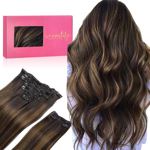 WENNALIFE Clip in Hair Extensions, 150g 16 Inch 9pcs Balayage Dark Brown to Chestnut Brown Human Hair Extensions Thicker Clip in Hair Extensions Real Human Hair Clip Set Double Weft