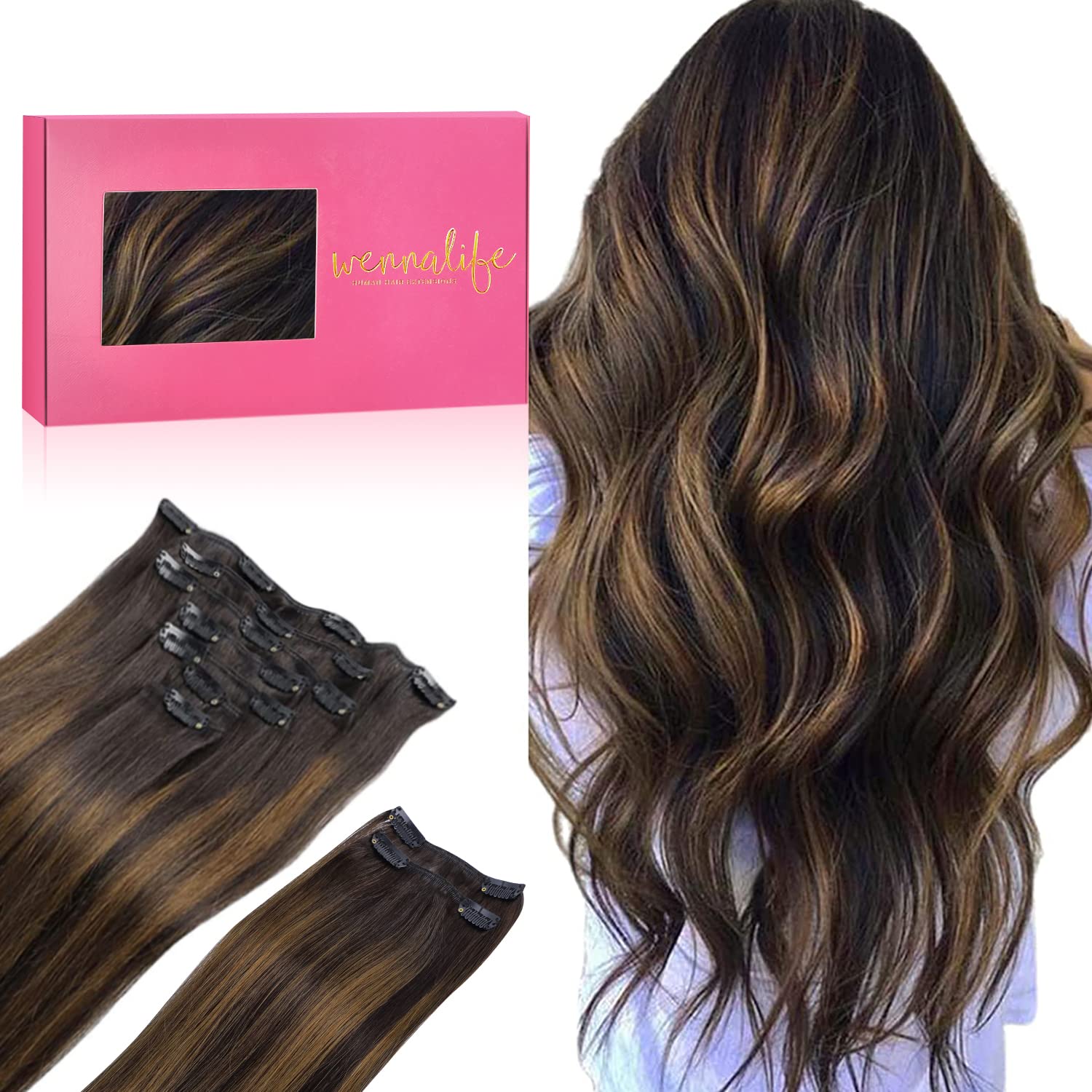 WENNALIFE Clip in Hair Extensions, 150g 22 Inch 9pcs Balayage Dark Brown to Chestnut Brown Remy Hair Thicker Double Weft Extensiones De Cabello Humano Con Clip Ins Straight Full Volume