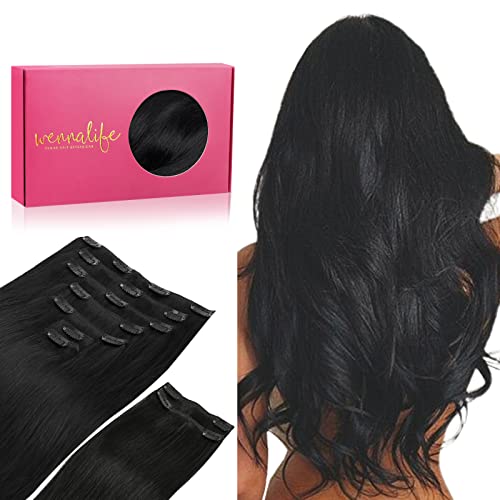 WENNALIFE Clip in Hair Extensions Real Human Hair (Jet Black)