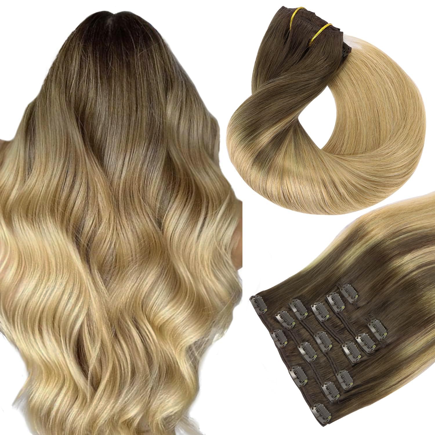 HOTBANANA Human Hair Clip in Hair Extensions, Balayage Chocolate Brown to Dirty Blonde 120g Clip in Hair Extensions Real Human Hair Straight Remy Hair Clip Ins Dark Roots Ombre 18 Inch 7pcs