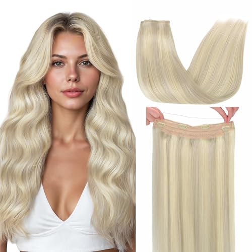 GOO GOO Wire Hair Extensions Human Hair, 17A/60A Ash Blonde mix Platinum Blonde Highlighted 16inch 95g, Invisible Wire Hair Extensions with Transparent, Seamless Fish Line Hairpiece