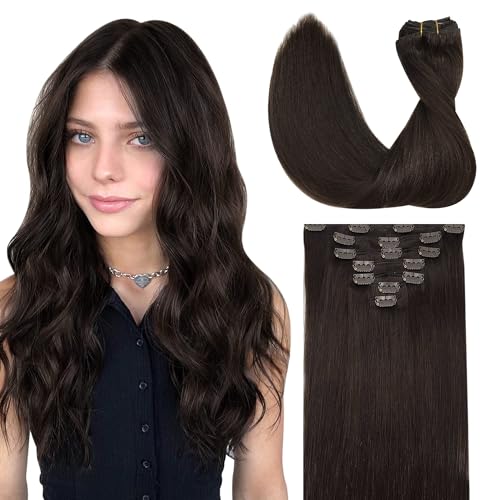 GOO GOO Clip in Hair Extensions Real Human Hair, Remy Human Hair Extensions Clip ins for Women, Natural Human Hair, 22inch 120g 7Pcs, 2A Light Brown
