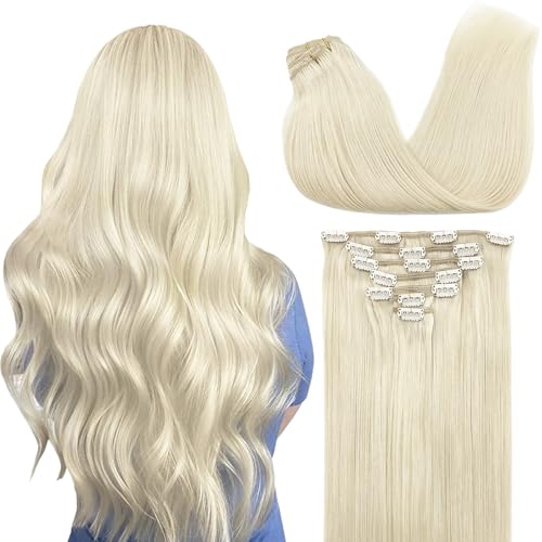 GOO GOO Clip in Hair Extensions Real Human Hair, Remy Human Hair Extensions Clip ins for Women, Natural Human Hair, 22inch 120g 7Pcs, 60A Platinum Blonde